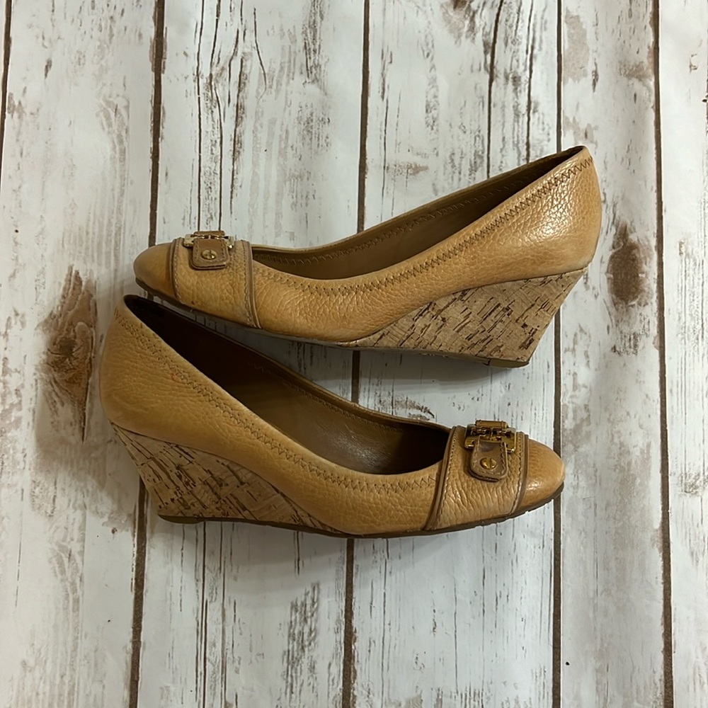 Tory Burch Cork Wedge Tan Gold Buckle Loafer